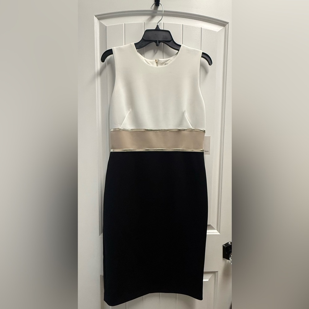 NWT Calvin Klein Women's Black White Gold Colorblocked Sheath Dress ~Size 8